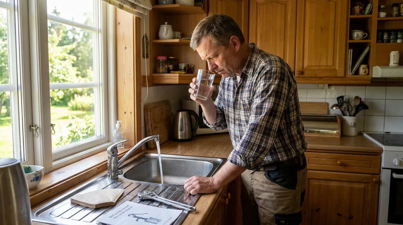 Homeowner diagnosing well water smells like rotten eggs by testing tap water at the kitchen sink