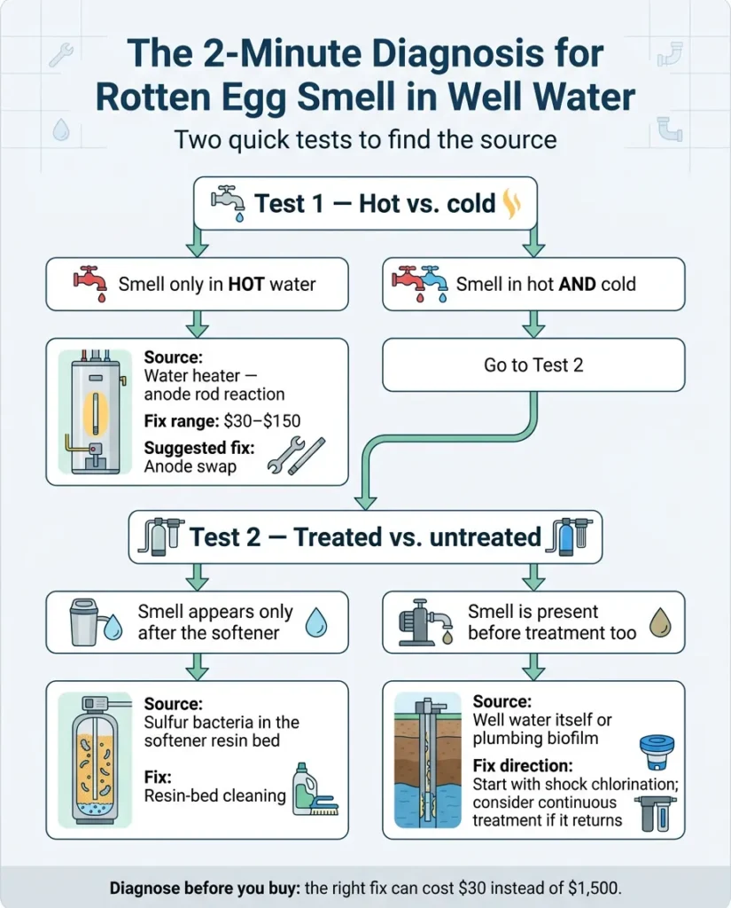 Diagnostic flowchart for well water smells like rotten eggs showing hot-vs-cold and treated-vs-untreated water tests