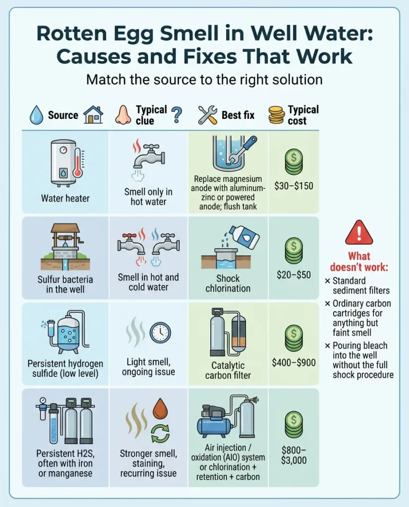 Infographic showing causes and fixes for well water smells like rotten eggs, from water heater anode replacement to AIO treatment systems