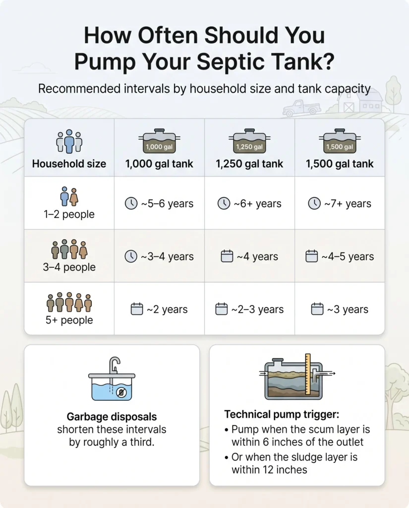 Septic tank pumping cost and frequency by household size and tank capacity