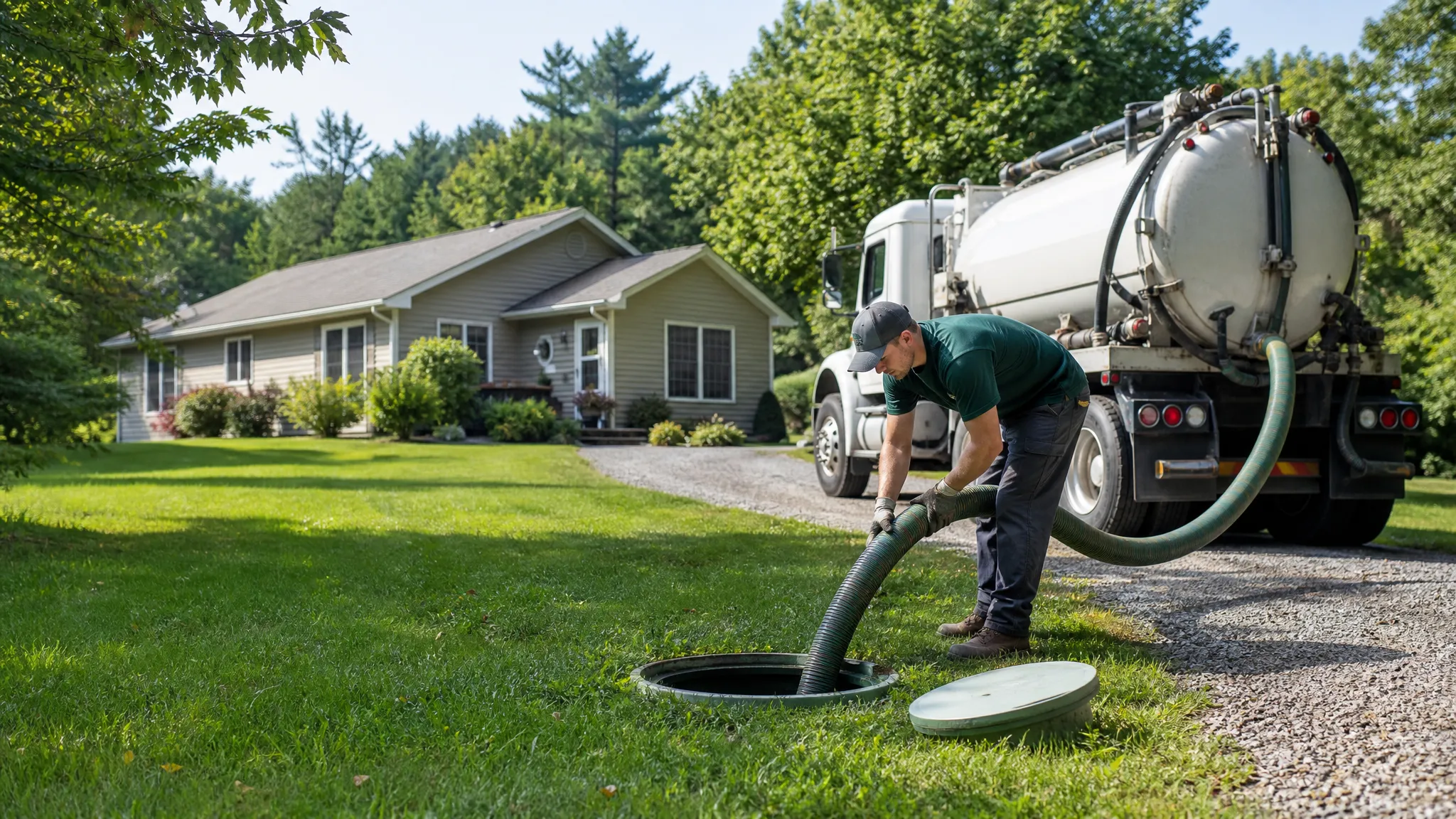 Professional septic tank pumping service at a rural home with a vacuum truck and technician