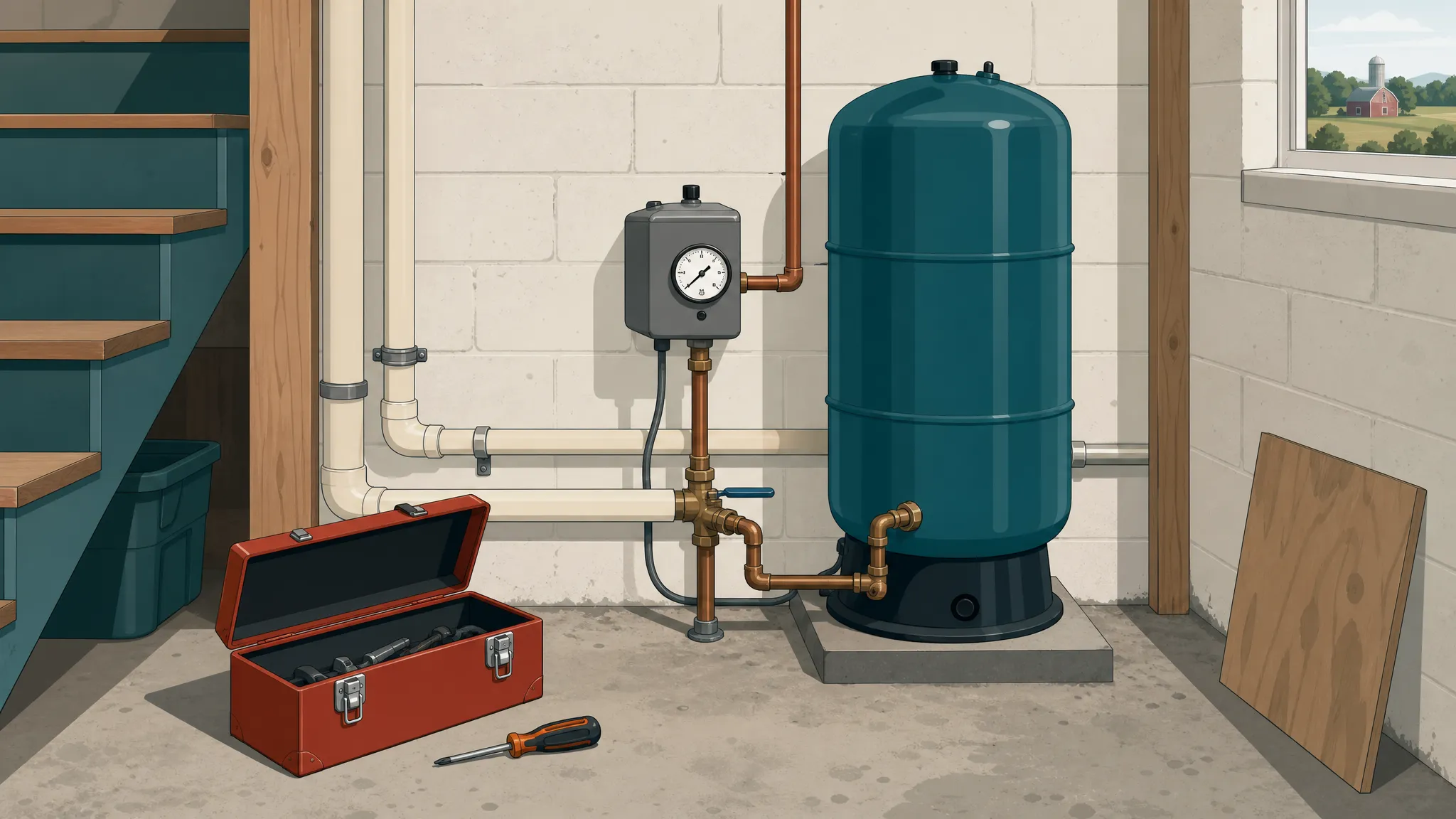 Well pressure tank, pressure switch and pressure gauge in a home basement with an open toolbox, illustrating well pump troubleshooting