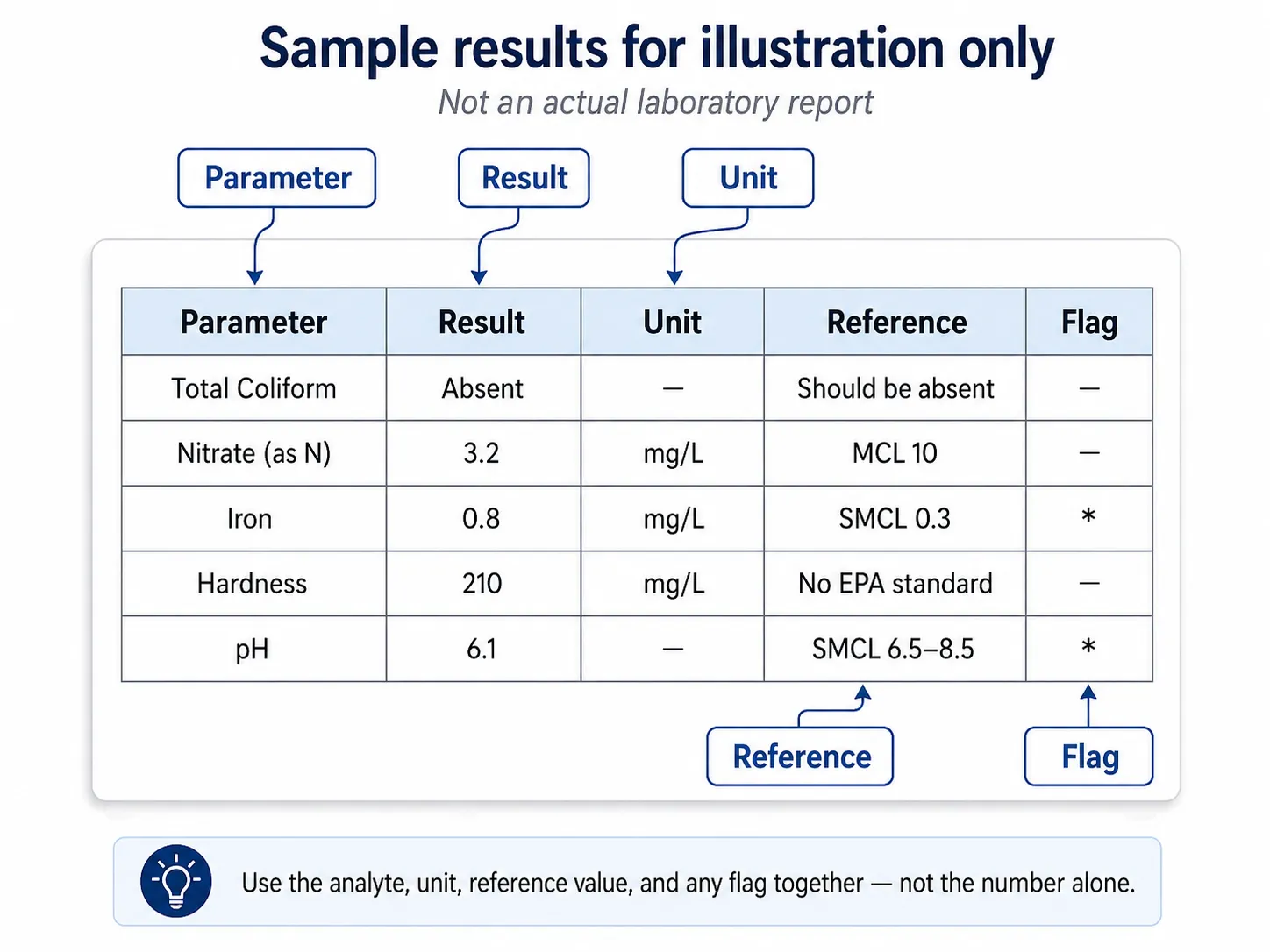 Sample well water test results table showing parameters, results, units, reference values, and laboratory flags for interpretation.