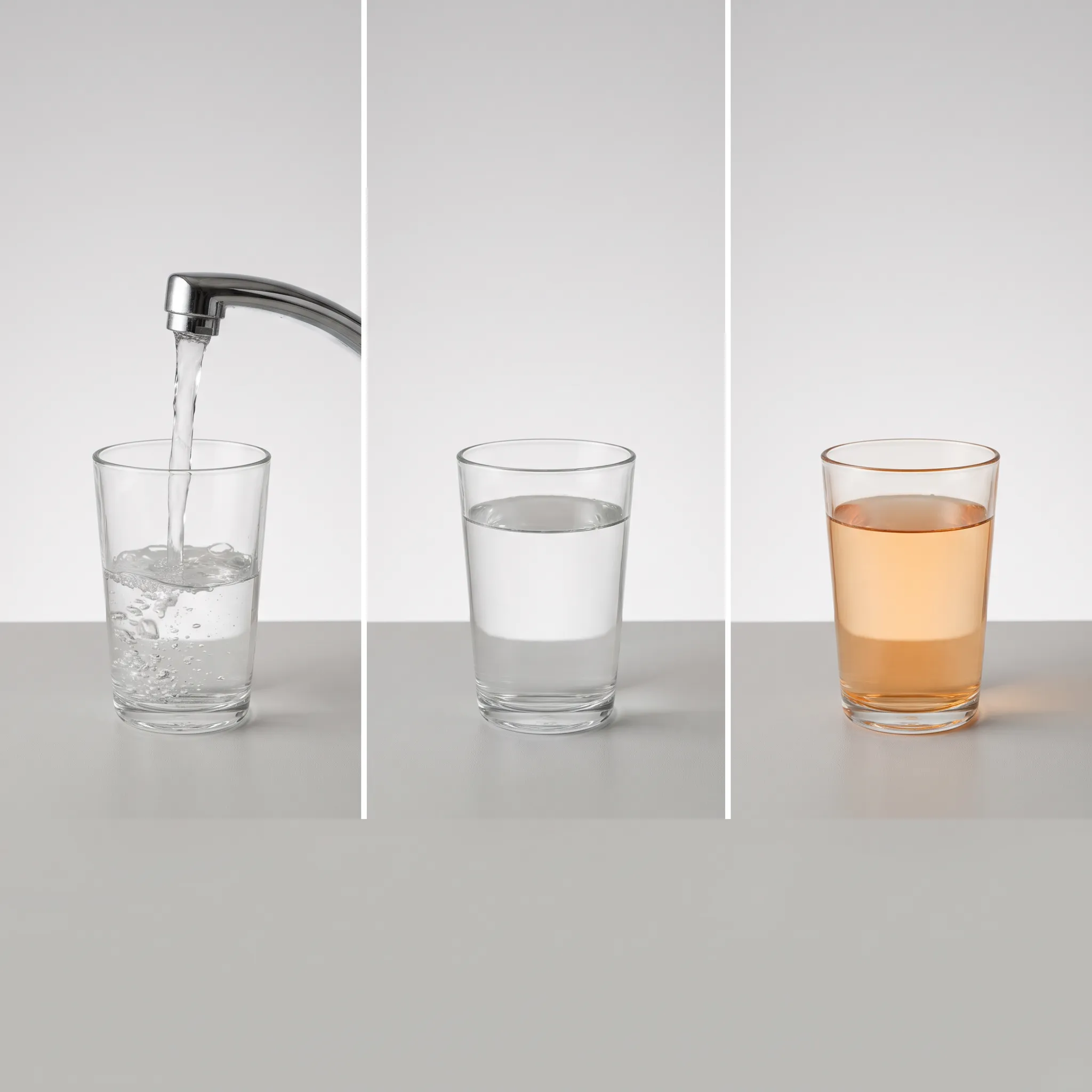 Three-panel comparison showing clear well water gradually turning orange after standing, consistent with dissolved ferrous iron