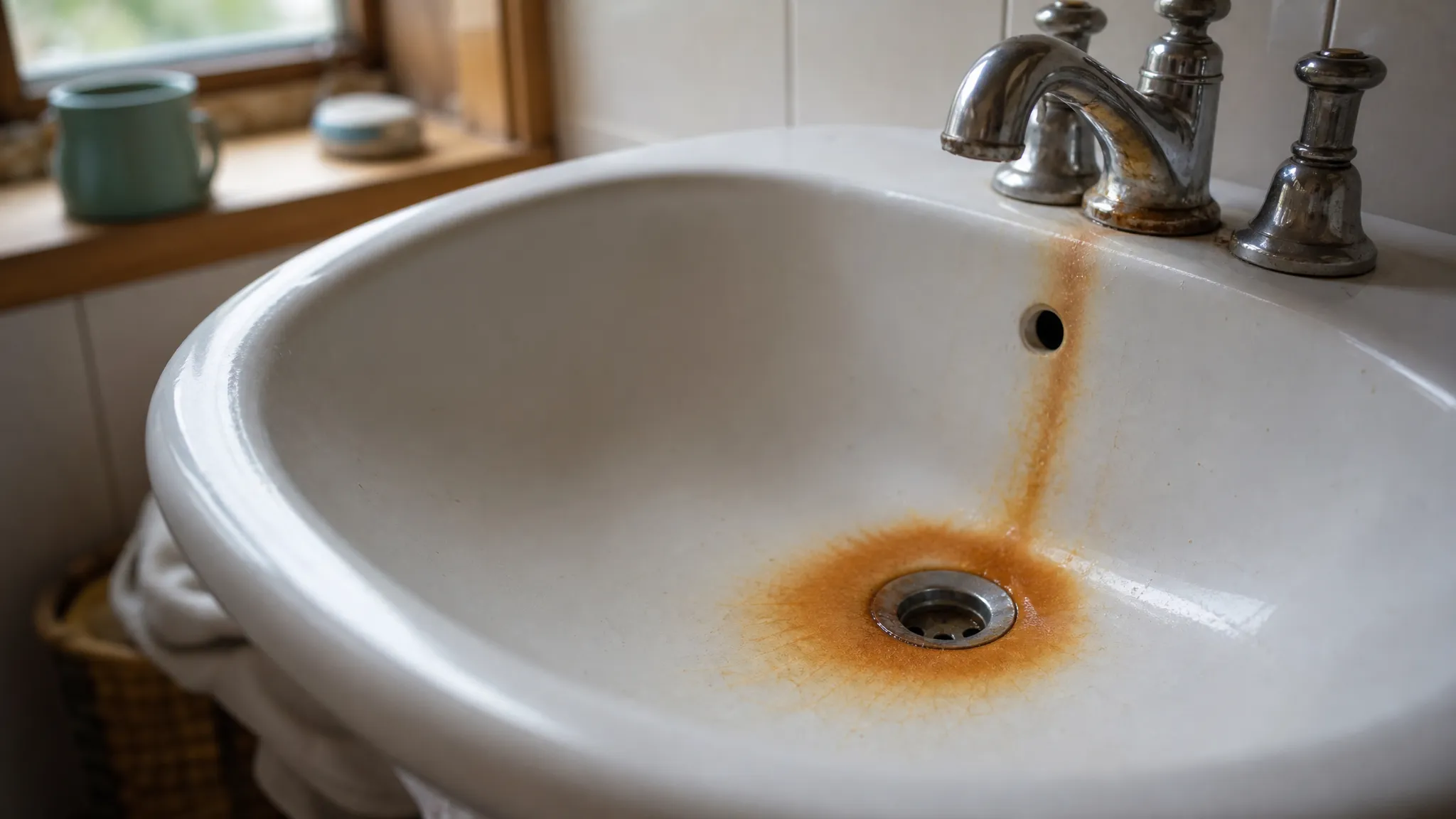 Orange rust staining around a bathroom sink drain caused by iron in well water