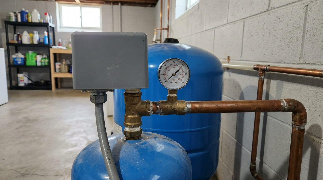 Residential well pressure switch mounted near the pressure tank and gauge, cover closed