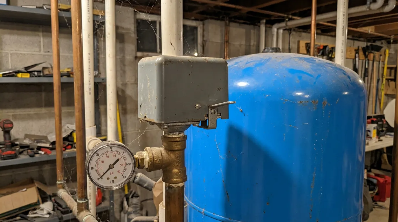 Well pump pressure switch reset lever on a closed switch beside a blue pressure tank
