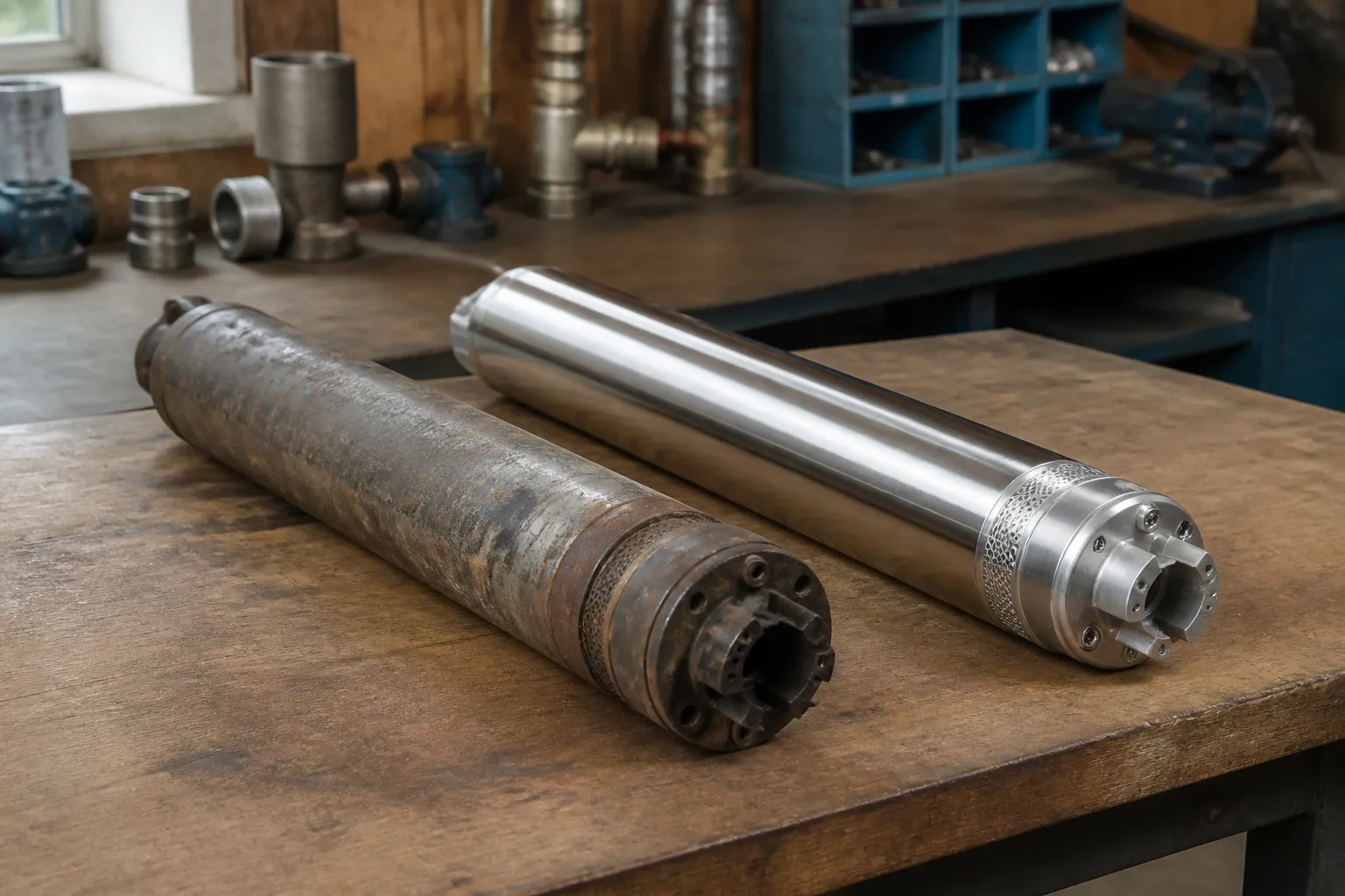 An old, worn residential submersible well pump beside a new replacement pump on a workshop bench