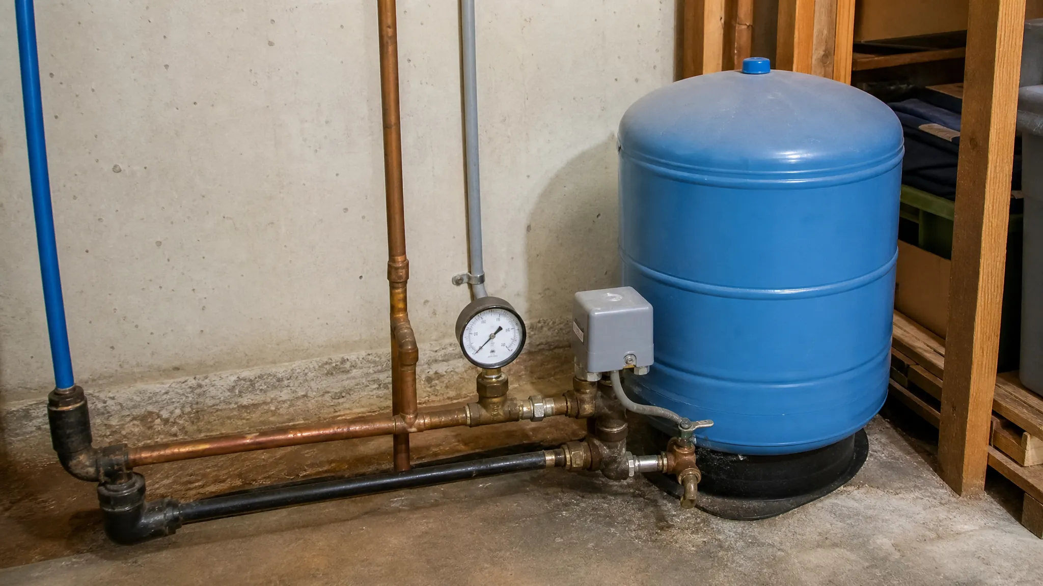 Residential well pressure tank, gauge, and pressure switch in a home utility room