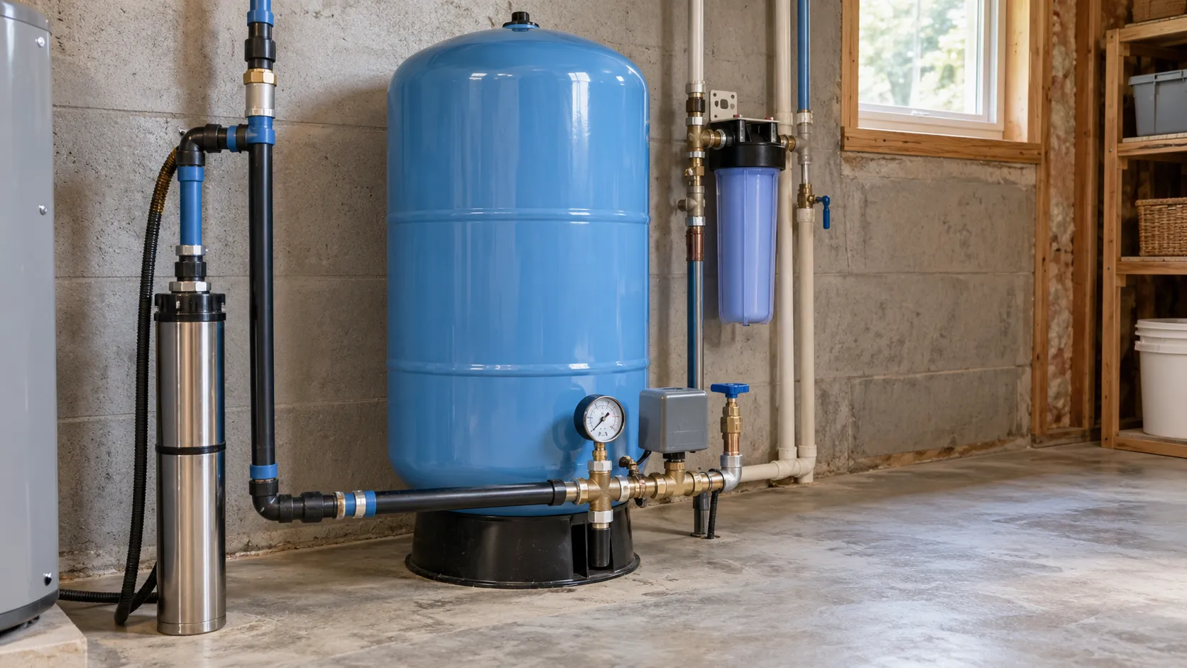Well pressure tank installed in a residential well water system