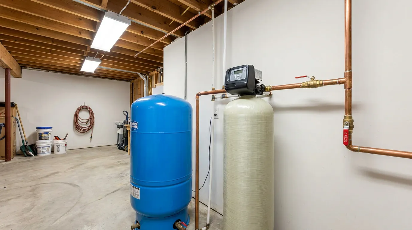 Whole-house iron filtration system installed next to a pressure tank in a residential well water system
