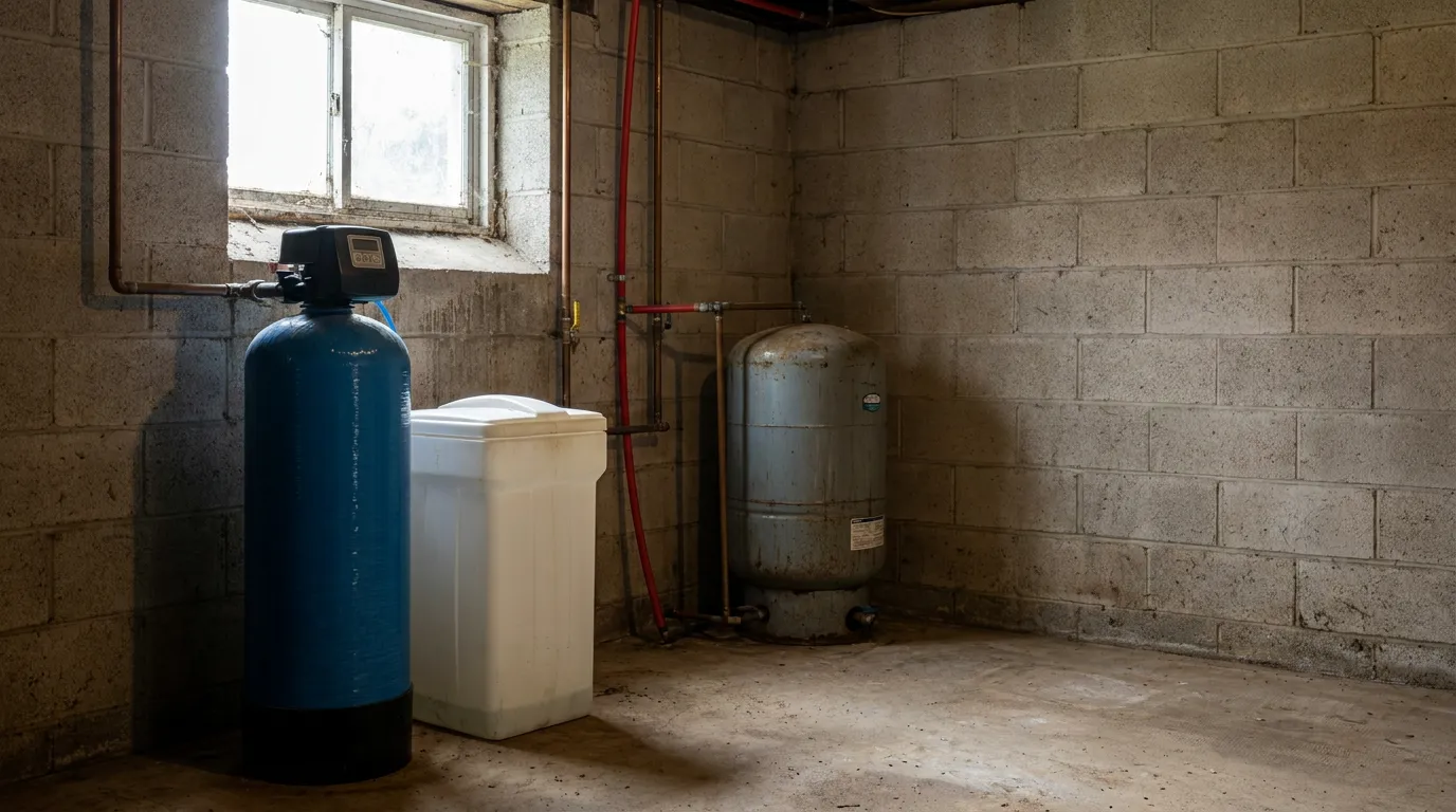 Water softener tank and brine tank installed in a basement utility room beside a pressure tank and copper piping