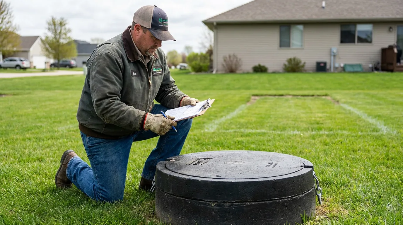 Septic service professional reviewing maintenance records beside a secured septic tank riser in a residential yard
