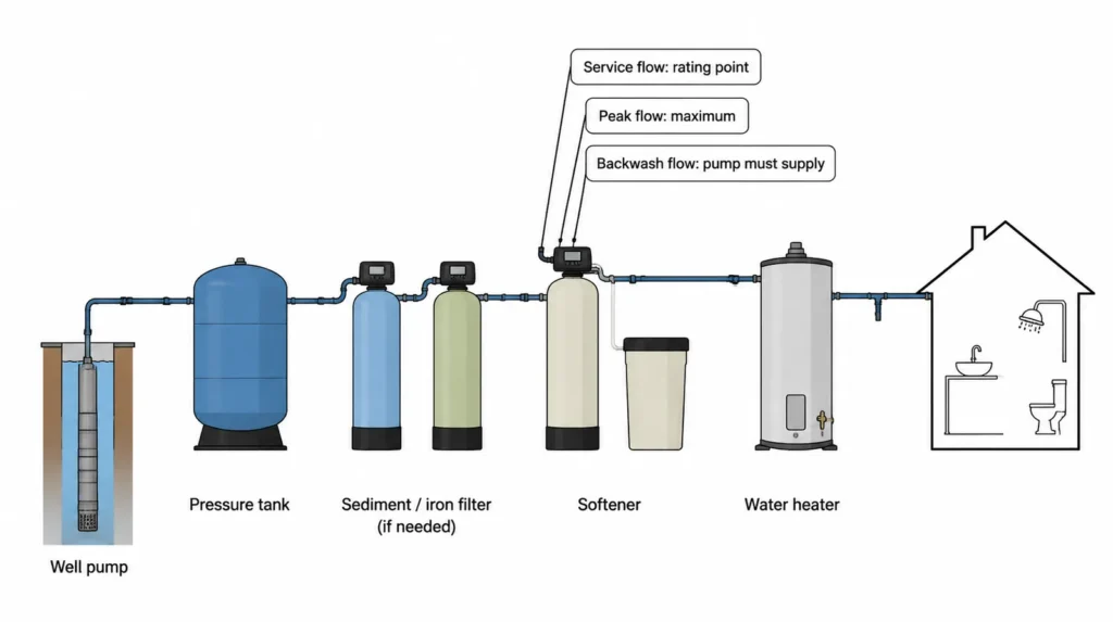 Plumbing order for a well: pump, pressure tank, optional filters, softener, water heater, with flow terms labelled