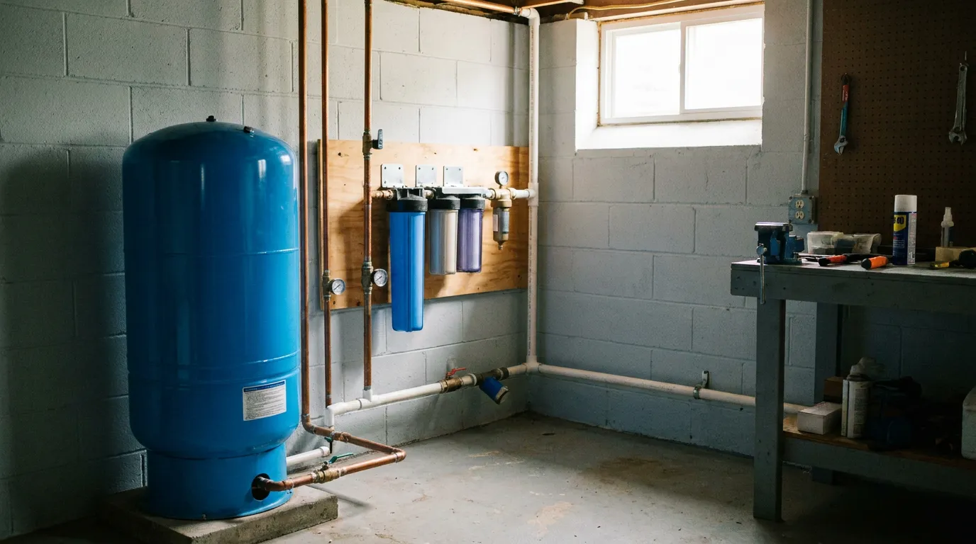 Whole-house well water filtration setup in a home utility room