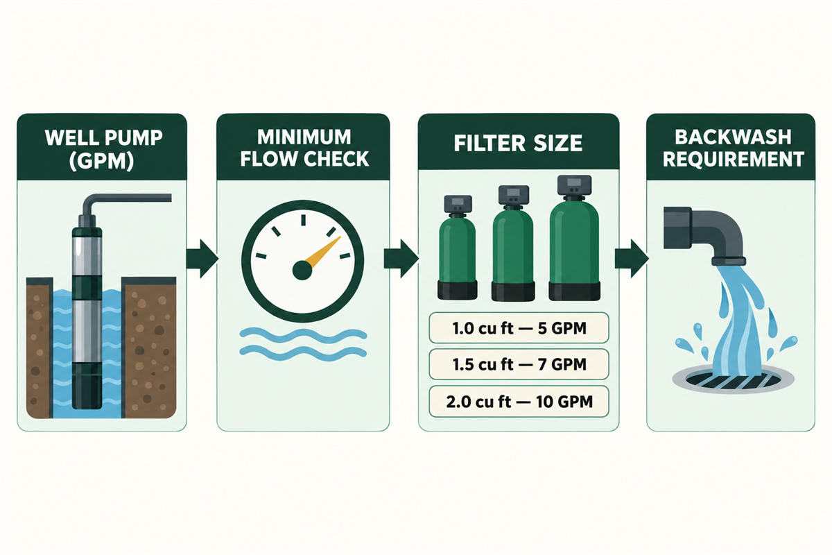 Diagram showing how well pump flow rate determines the correct SoftPro Iron Master filter size
