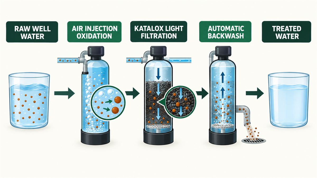 Diagram of air injection oxidation and Katalox Light filtration process used by the SoftPro Iron Master