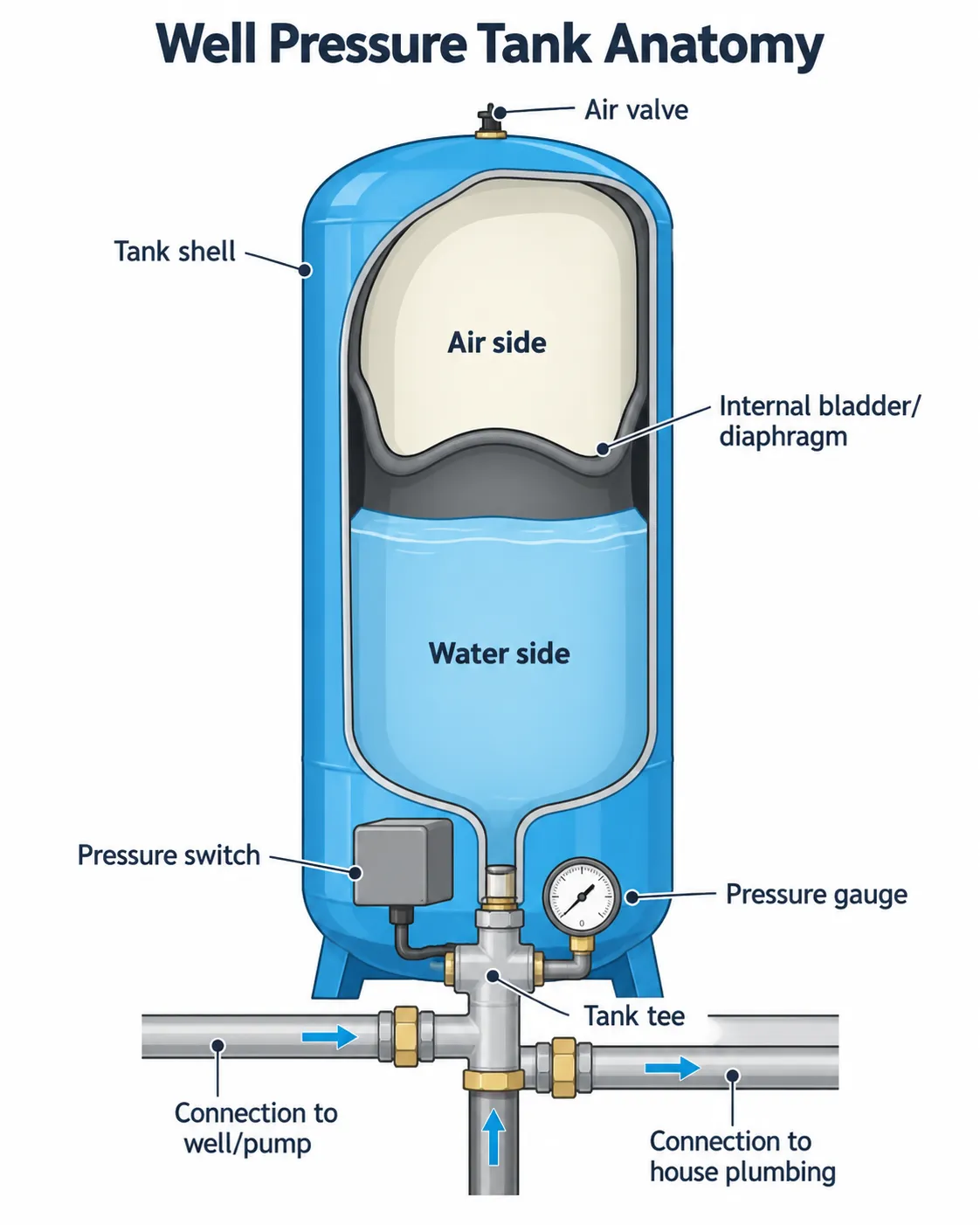 Labeled diagram of a well pressure tank replacement cost showing the air valve, internal bladder, tank tee, pressure switch, pressure gauge, and connections to the well pump and house plumbing