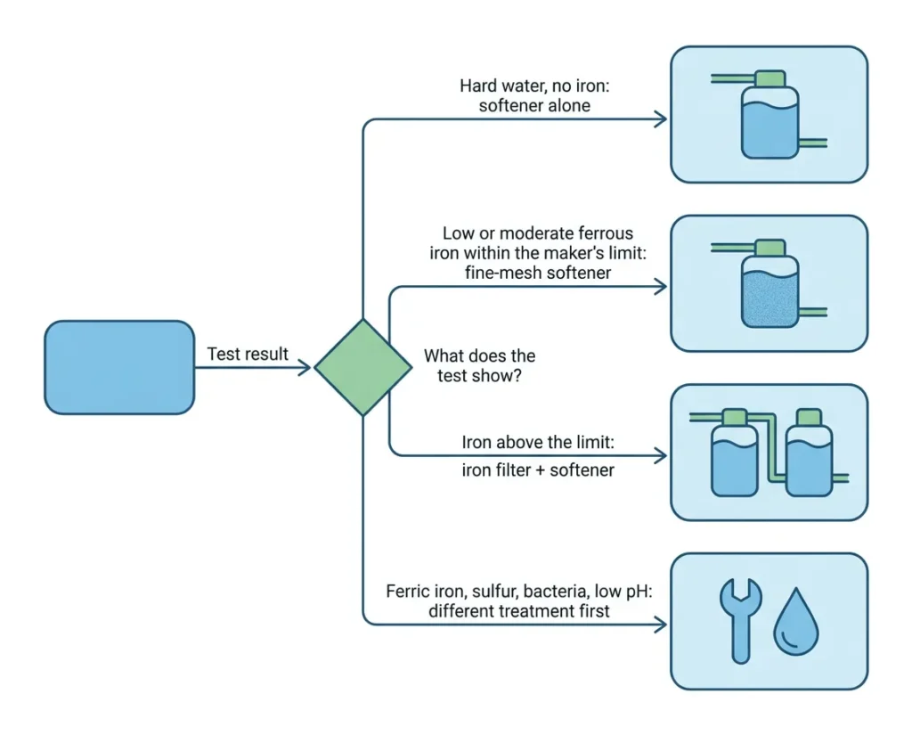 Flowchart mapping a well water test result to a softener alone, a fine-mesh softener, an iron filter plus softener, or a different treatment